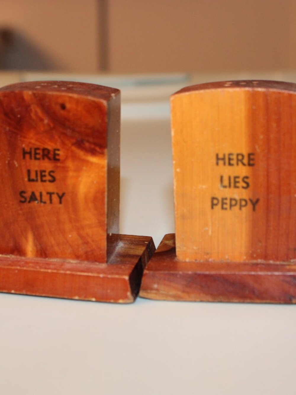 Wooden Tombstone Salt n Pepper Set Here Lies Salty and Peppy